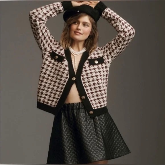 Maeve Sweaters - Maeve X Anthropologie Houndstooth Cardigan Sweater Old Money Preppy Size L NWT
